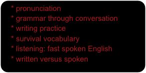   * pronunciation
    * grammar through conversation
    * writing practice
    * survival vocabulary
    * listening: fast spoken English
    * written versus spoken
